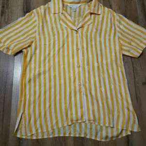 Vintage 80s silk button up Blouse yellow white stripe Casual Corner medium